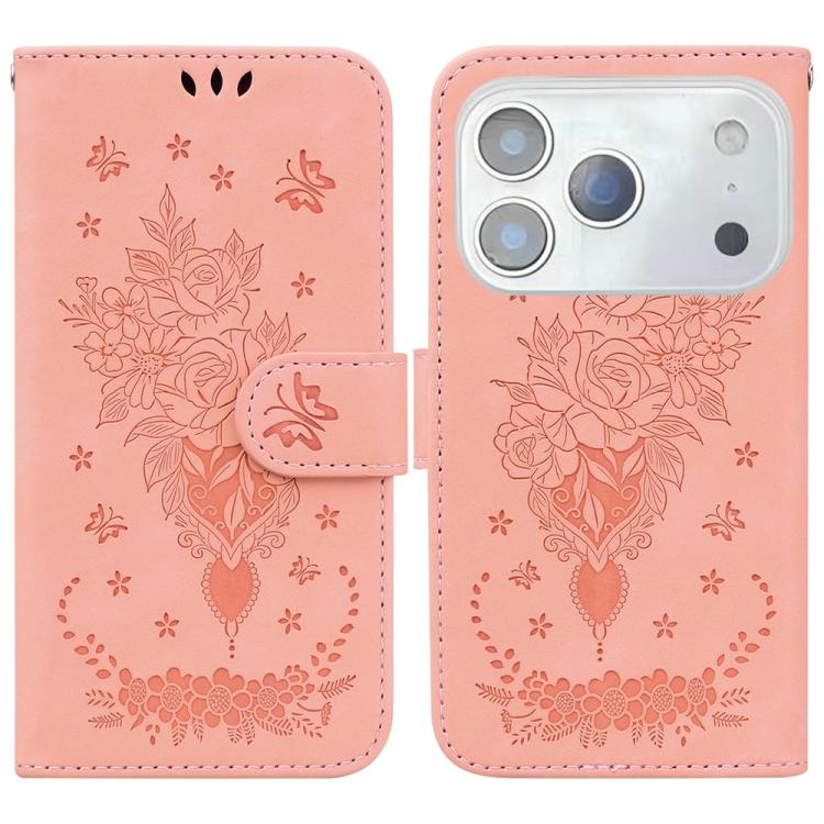 Butterfly Rose Embossed Leather Phone Case, For iPhone 17e / 16e, For iPhone 17 Pro Max, For iPhone 17 Pro, For iPhone 17, For iPhone Air, For iPhone 16 Pro Max, For iPhone 16 Pro, For iPhone 16 Plus, For iPhone 16