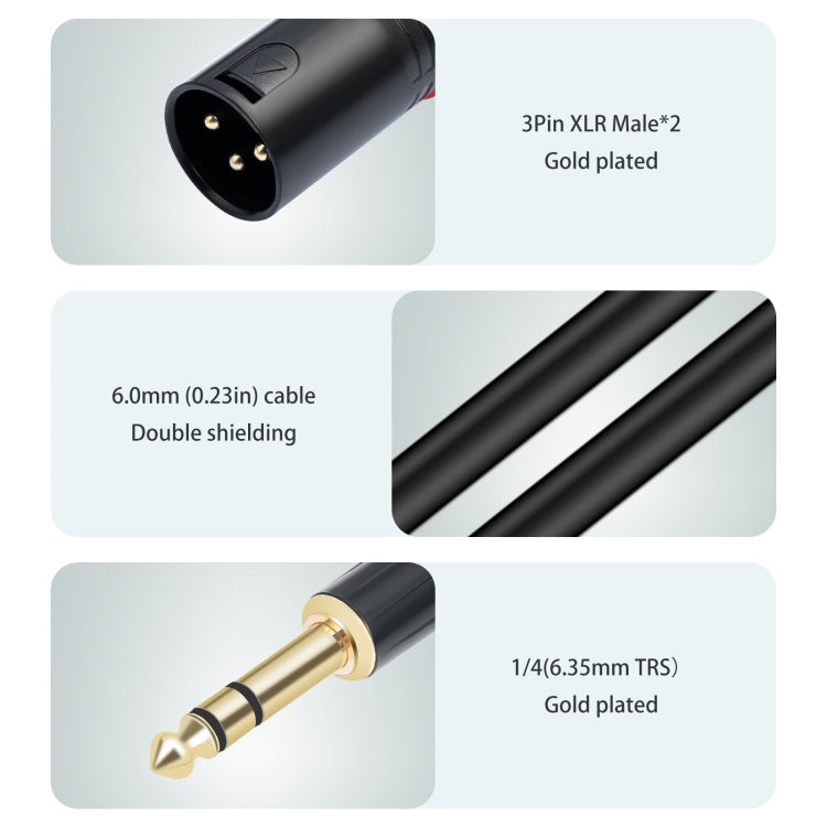 TC145YXK108RE-10 6.35mm 1/4 TRS Male to Dual XLR Male Audio Cable, 1m, 2m, 3m