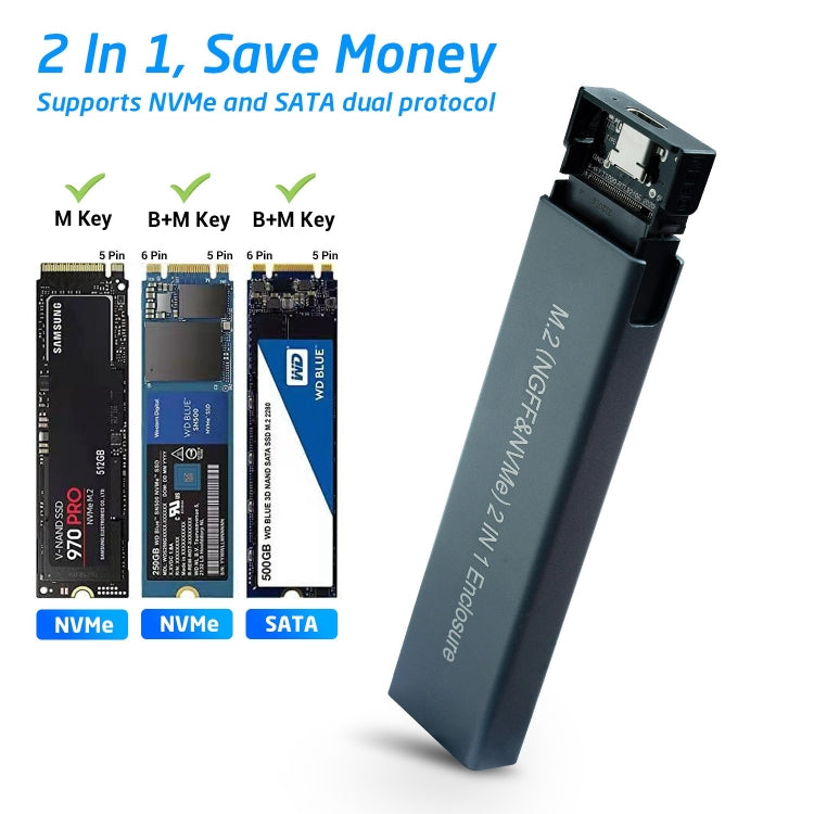 Aluminium Alloy M.2 NDFF&NVMe 2-in-1 External Hard Drive Enclosure, NDFF&NVMe