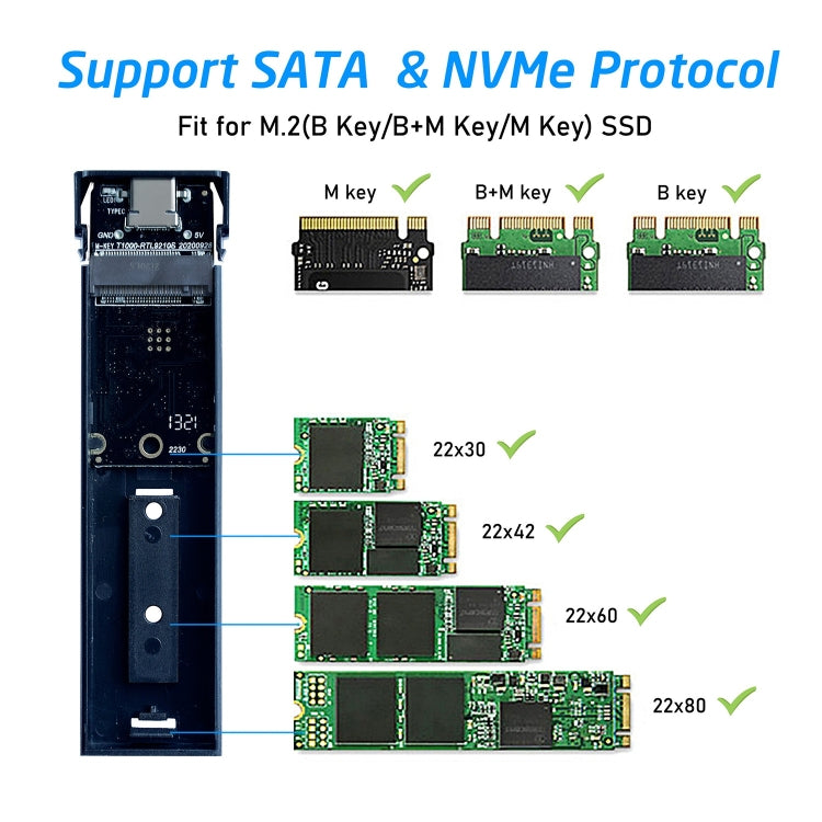 Aluminium Alloy M.2 NDFF&NVMe 2-in-1 External Hard Drive Enclosure, NDFF&NVMe