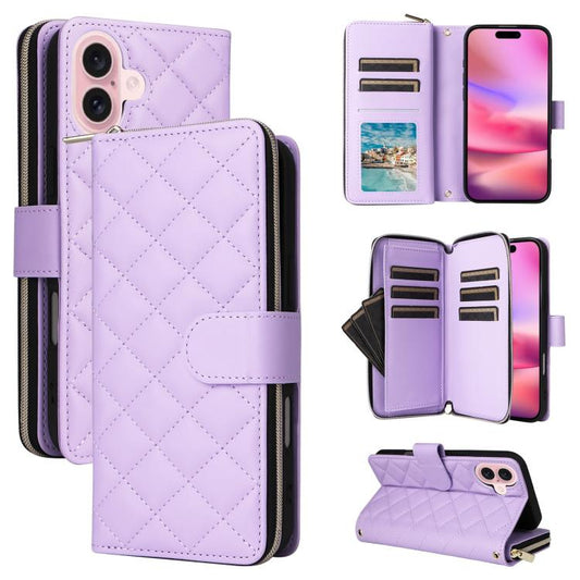 Crossbody Rhombic Zipper Tower Buckle Leather Phone Case with Lanyard, For iPhone 18 / 17, For iPhone 18 Pro / 17 Pro, For iPhone 18 Pro Max / 17 Pro Max, For iPhone 17e / 16e, For iPhone Air, For iPhone 16 Pro Max, For iPhone 16 Pro, For iPhone 16 Plu...