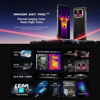 Téléphone robuste Ulefone Armor 25T Pro, imagerie thermique, Android 15 de 6,78 pouces, MediaTek Dimensity 6300 Octa Core, Réseau: 5G, NFC, 8 Go+256 Go
