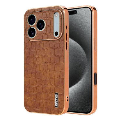 AZNS Electroplated Frame Crocodile Texture Full Coverage Phone Case, For iPhone 17e / 16e, For iPhone 17 Pro Max, For iPhone 17 Pro, For iPhone 17, For iPhone Air, For iPhone 16 Pro Max, For iPhone 16 Pro, For iPhone 16 Plus, For iPhone 16             ...