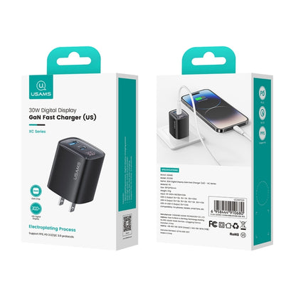USAMS CC230 30W USB+USB-C / Type-C Dual Port GaN Digital Display Charger, Specifications: US Plug, CC230