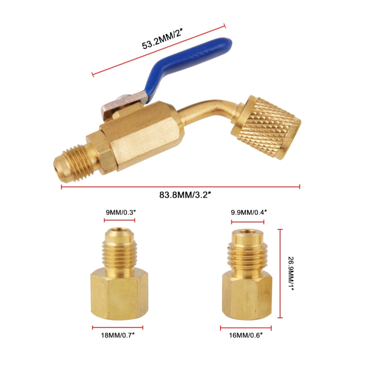 6 in 1 Car Air Conditioning Refrigerant Angled Compact Ball Valve for HVAC / AC Air Conditioning Maintenance, AG001-G