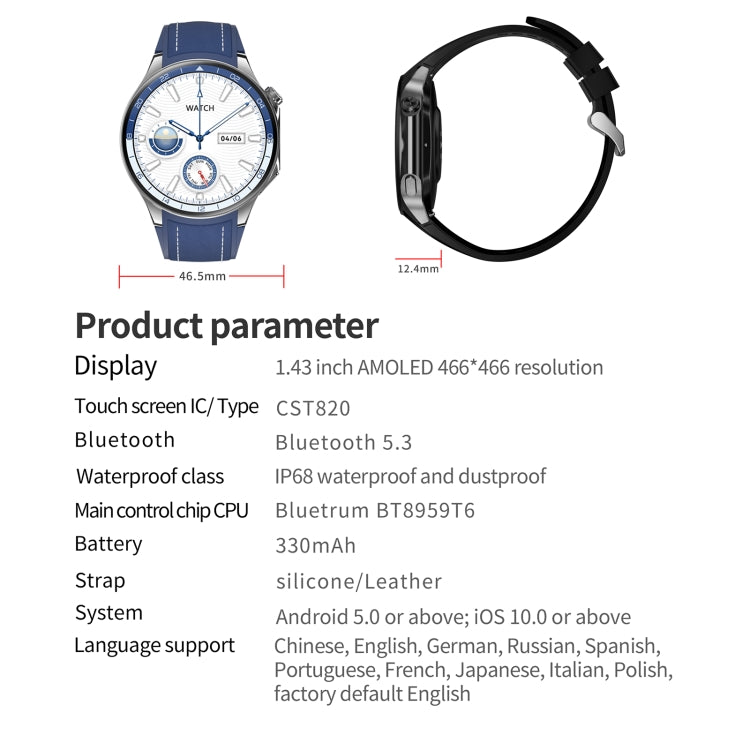 HD Watch X 1.43 inch IP68 BT5.3 Sport Smart Watch, Support Bluetooth Call / Sleep / Blood Oxygen / Heart Rate / Blood Pressure Health Monitor, Black Steel + Black Silicone Strap, Black Leather + Black Silicone Strap, Silver Steel + Blue Silicone Strap ...