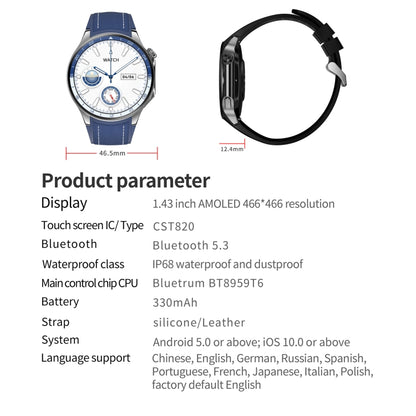 HD Watch X 1.43 inch IP68 BT5.3 Sport Smart Watch, Support Bluetooth Call / Sleep / Blood Oxygen / Heart Rate / Blood Pressure Health Monitor, Black Steel + Black Silicone Strap, Black Leather + Black Silicone Strap, Silver Steel + Blue Silicone Strap ...
