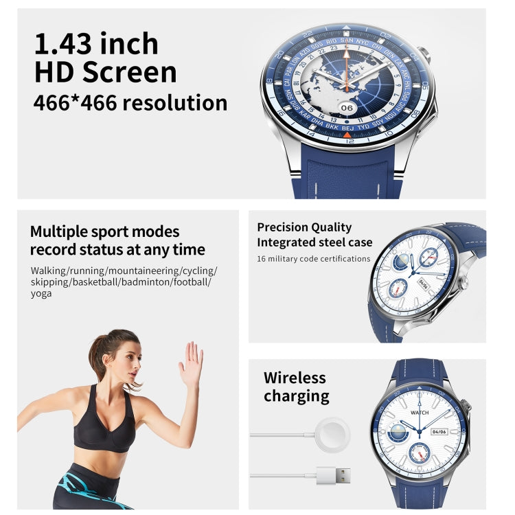 HD Watch X 1.43 inch IP68 BT5.3 Sport Smart Watch, Support Bluetooth Call / Sleep / Blood Oxygen / Heart Rate / Blood Pressure Health Monitor, Black Steel + Black Silicone Strap, Black Leather + Black Silicone Strap, Silver Steel + Blue Silicone Strap ...