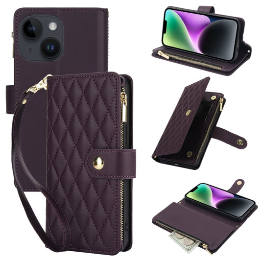 YM016 Rhombic Zipper Card Wallet Leather Phone Case with Lanyard, For iPhone 14 Plus, For iPhone 14, For iPhone 14 Pro, For iPhone 14 Pro Max, For iPhone SE 2022 / SE 2020 / 8, For iPhone 13 Pro Max, For iPhone 13 Pro, For iPhone 13, For iPhone 13 mini...