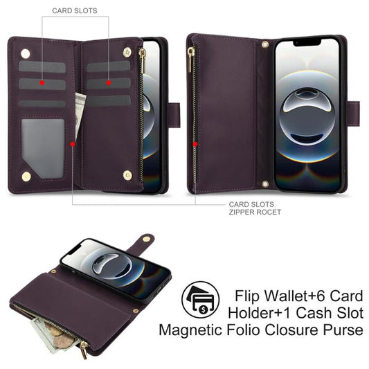 YM016 Rhombic Zipper Card Wallet Leather Phone Case with Lanyard, For iPhone 17e / 16e, For iPhone 17 Pro Max, For iPhone 17 Pro, For iPhone 17, For iPhone Air, For iPhone 16 Pro Max, For iPhone 16 Pro, For iPhone 16 Plus, For iPhone 16                ...