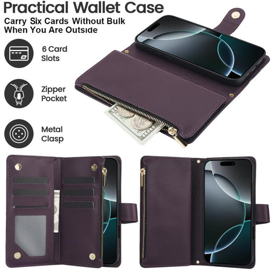 YM016 Rhombus-Reißverschluss-Kartenetui-Leder-Handyhülle mit Umhängeband, für iPhone 17e / 16e, für iPhone 17 Pro Max, für iPhone 17 Pro, für iPhone 17, für iPhone Air, für iPhone 16 Pro Max, für iPhone 16 Pro, für iPhone 16 Plus, für iPhone 16...