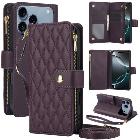 YM016 Rhombus-Reißverschluss-Kartenetui-Leder-Handyhülle mit Umhängeband, für iPhone 17e / 16e, für iPhone 17 Pro Max, für iPhone 17 Pro, für iPhone 17, für iPhone Air, für iPhone 16 Pro Max, für iPhone 16 Pro, für iPhone 16 Plus, für iPhone 16...