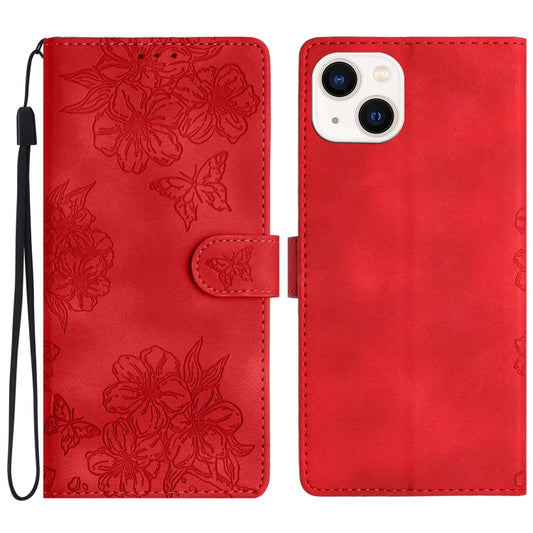 Cherry Blossom Butterfly Skin Feel Embossed PU Phone Case, For iPhone 15, For iPhone 14 Plus, For iPhone 14, For iPhone 14 Pro, For iPhone 14 Pro Max, For iPhone SE 2022 / SE 2020, For iPhone 13 Pro Max, For iPhone 13 Pro, For iPhone 13