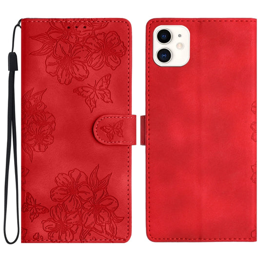 Cherry Blossom Butterfly Skin Feel Embossed PU Phone Case, For iPhone 12 mini, For iPhone 11 Pro Max, For iPhone 11, For iPhone 11 Pro, For iPhone XS / X, For iPhone XR, For iPhone XS Max, For iPhone 8 Plus / 7 Plus