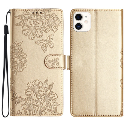 Cherry Blossom Butterfly Skin Feel Embossed PU Phone Case, For iPhone 12 mini, For iPhone 11 Pro Max, For iPhone 11, For iPhone 11 Pro, For iPhone XS / X, For iPhone XR, For iPhone XS Max, For iPhone 8 Plus / 7 Plus