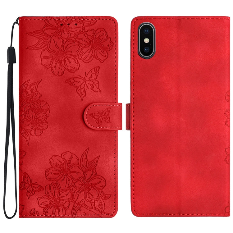 Cherry Blossom Butterfly Skin Feel Embossed PU Phone Case, For iPhone 12 mini, For iPhone 11 Pro Max, For iPhone 11, For iPhone 11 Pro, For iPhone XS / X, For iPhone XR, For iPhone XS Max, For iPhone 8 Plus / 7 Plus