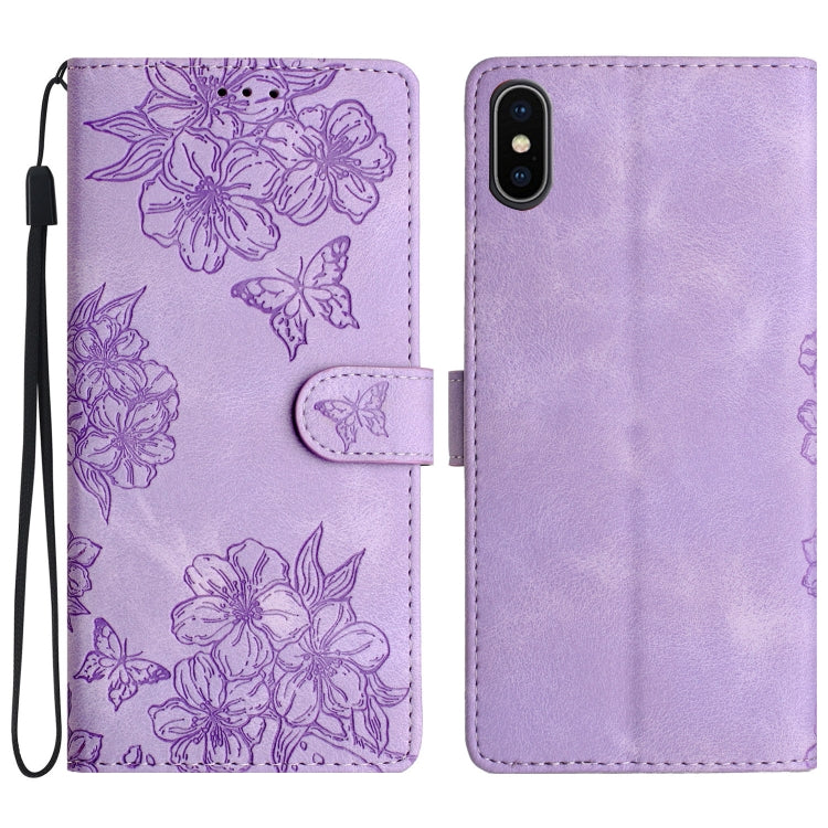 Cherry Blossom Butterfly Skin Feel Embossed PU Phone Case, For iPhone 12 mini, For iPhone 11 Pro Max, For iPhone 11, For iPhone 11 Pro, For iPhone XS / X, For iPhone XR, For iPhone XS Max, For iPhone 8 Plus / 7 Plus