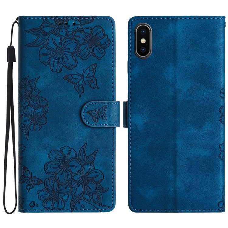 Cherry Blossom Butterfly Skin Feel Embossed PU Phone Case, For iPhone 12 mini, For iPhone 11 Pro Max, For iPhone 11, For iPhone 11 Pro, For iPhone XS / X, For iPhone XR, For iPhone XS Max, For iPhone 8 Plus / 7 Plus