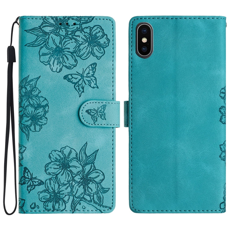 Cherry Blossom Butterfly Skin Feel Embossed PU Phone Case, For iPhone 12 mini, For iPhone 11 Pro Max, For iPhone 11, For iPhone 11 Pro, For iPhone XS / X, For iPhone XR, For iPhone XS Max, For iPhone 8 Plus / 7 Plus