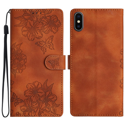 Cherry Blossom Butterfly Skin Feel Embossed PU Phone Case, For iPhone 12 mini, For iPhone 11 Pro Max, For iPhone 11, For iPhone 11 Pro, For iPhone XS / X, For iPhone XR, For iPhone XS Max, For iPhone 8 Plus / 7 Plus