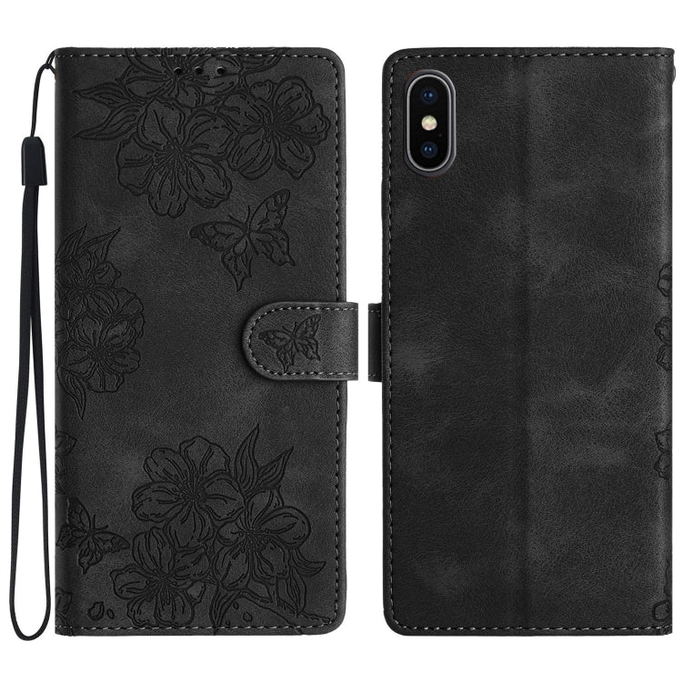 Cherry Blossom Butterfly Skin Feel Embossed PU Phone Case, For iPhone 12 mini, For iPhone 11 Pro Max, For iPhone 11, For iPhone 11 Pro, For iPhone XS / X, For iPhone XR, For iPhone XS Max, For iPhone 8 Plus / 7 Plus
