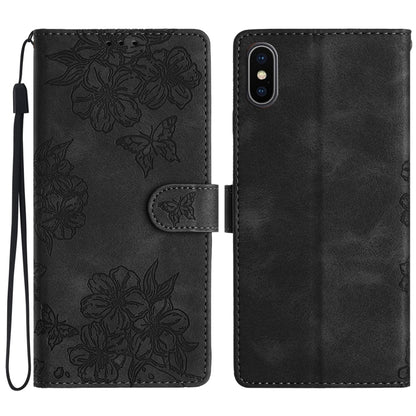 Cherry Blossom Butterfly Skin Feel Embossed PU Phone Case, For iPhone 12 mini, For iPhone 11 Pro Max, For iPhone 11, For iPhone 11 Pro, For iPhone XS / X, For iPhone XR, For iPhone XS Max, For iPhone 8 Plus / 7 Plus