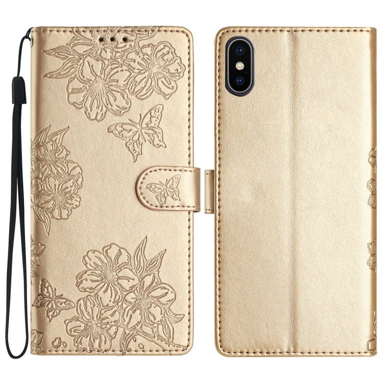 Cherry Blossom Butterfly Skin Feel Embossed PU Phone Case, For iPhone 12 mini, For iPhone 11 Pro Max, For iPhone 11, For iPhone 11 Pro, For iPhone XS / X, For iPhone XR, For iPhone XS Max, For iPhone 8 Plus / 7 Plus