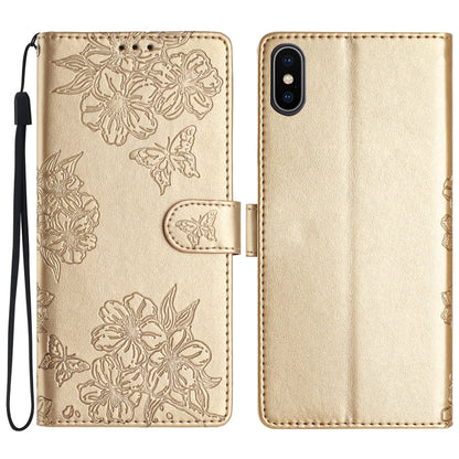 Cherry Blossom Butterfly Skin Feel Embossed PU Phone Case, For iPhone 12 mini, For iPhone 11 Pro Max, For iPhone 11, For iPhone 11 Pro, For iPhone XS / X, For iPhone XR, For iPhone XS Max, For iPhone 8 Plus / 7 Plus