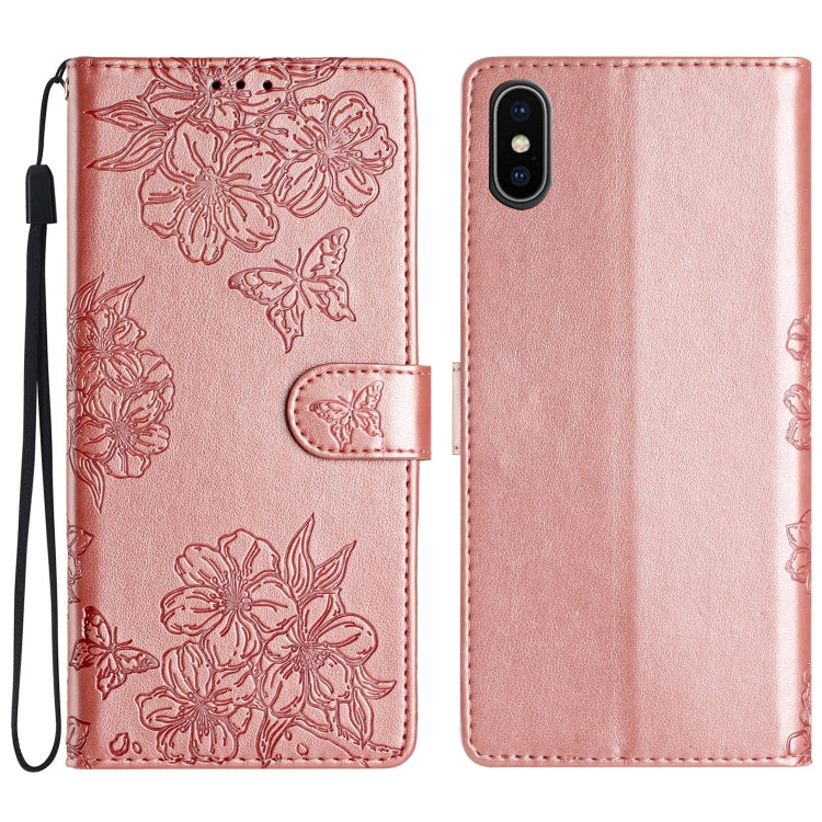 Cherry Blossom Butterfly Skin Feel Embossed PU Phone Case, For iPhone 12 mini, For iPhone 11 Pro Max, For iPhone 11, For iPhone 11 Pro, For iPhone XS / X, For iPhone XR, For iPhone XS Max, For iPhone 8 Plus / 7 Plus