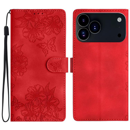 Cherry Blossom Butterfly Skin Feel Embossed PU Phone Case, For iPhone 18 Pro / 17 Pro, For iPhone 18 Pro Max / 17 Pro Max, For iPhone 16e / 17e, For iPhone 17, For iPhone Air, For iPhone 16 Pro Max, For iPhone 16 Pro, For iPhone 16 Plus, For iPhone 16 ...