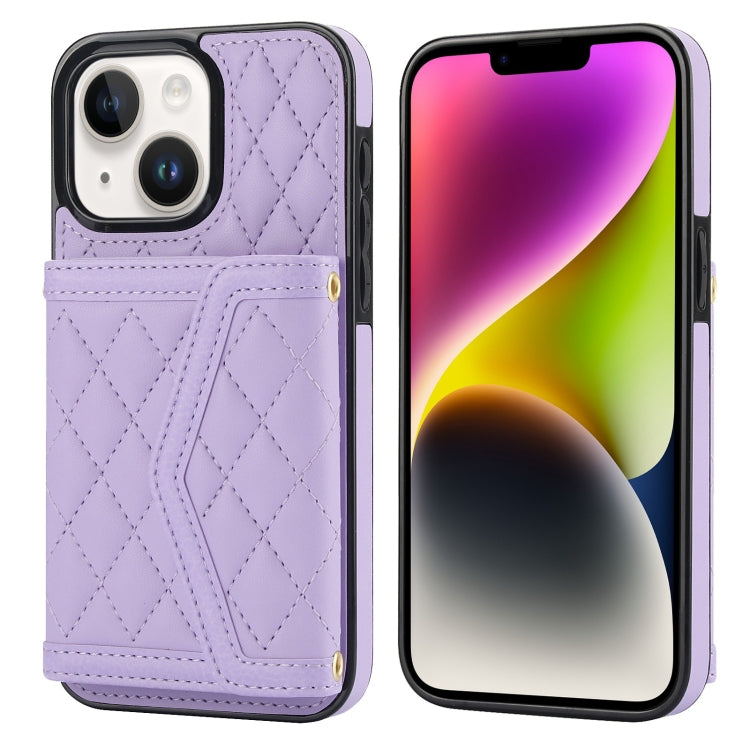 Splicing Rhombic Texture Card Bag Phone Case with Long Lanyard