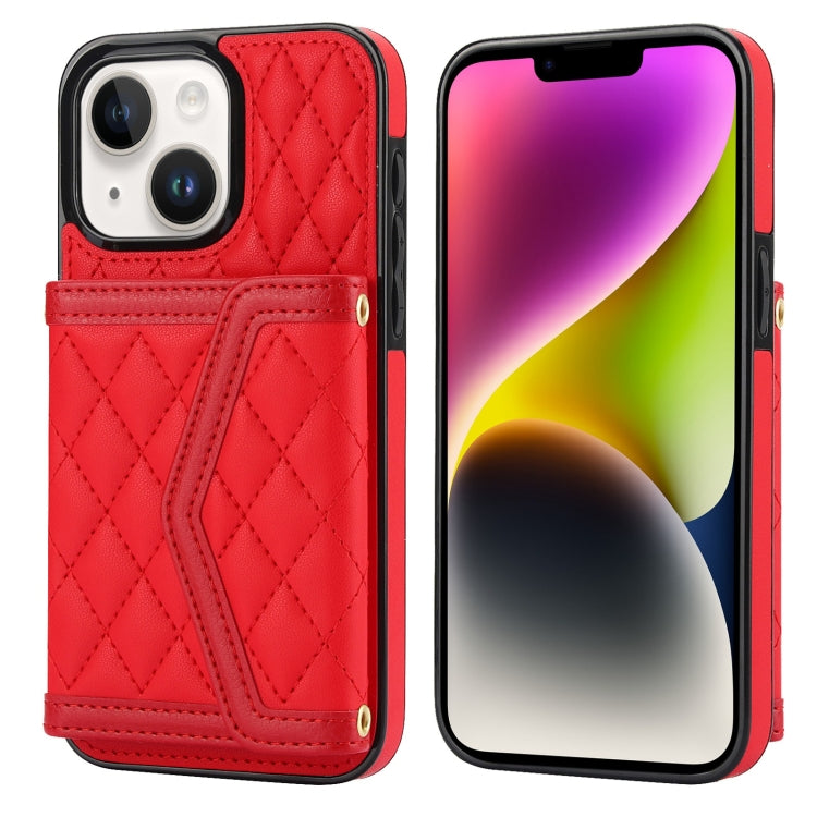 Splicing Rhombic Texture Card Bag Phone Case with Long Lanyard