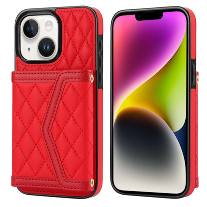 Splicing Rhombic Texture Card Bag Phone Case with Long Lanyard