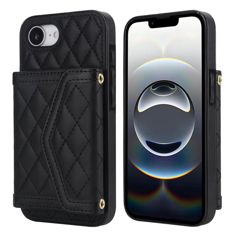 Splicing Rhombic Texture Card Bag Phone Case with Long Lanyard