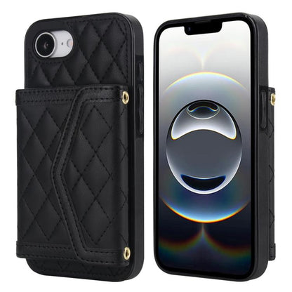 Splicing Rhombic Texture Card Bag Phone Case with Long Lanyard