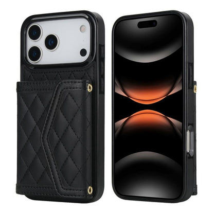 Splicing Rhombic Texture Card Bag Phone Case with Long Lanyard