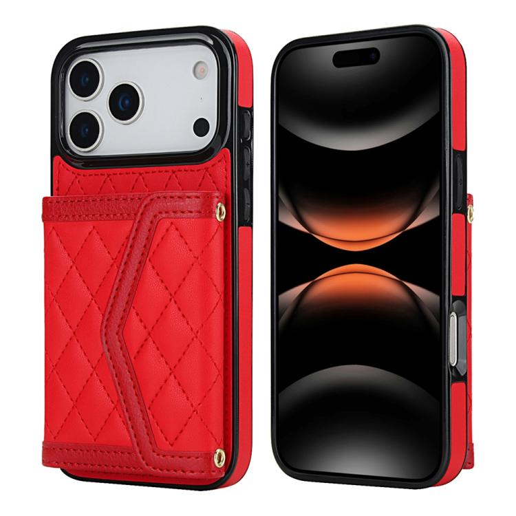 Splicing Rhombic Texture Card Bag Phone Case with Long Lanyard