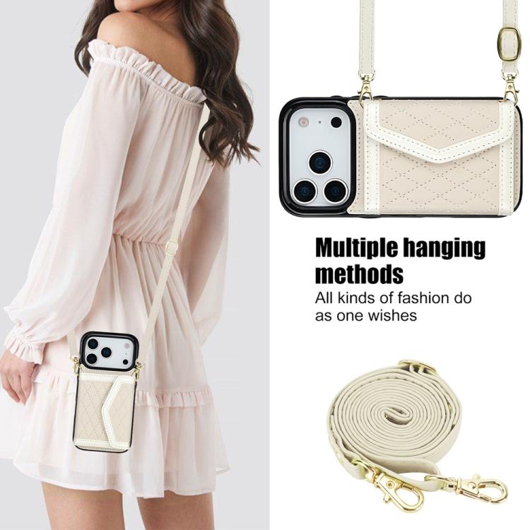 Splicing Rhombic Texture Card Bag Phone Case with Long Lanyard, For iPhone 18 Pro / 17 Pro, For iPhone 18 Pro Max / 17 Pro Max, For iPhone 17e / 16e, For iPhone 17, For iPhone Air, For iPhone 16 Pro Max, For iPhone 16 Pro, For iPhone 16 Plus           ...