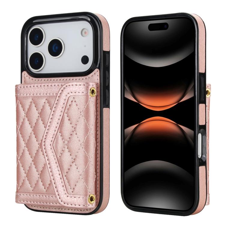 Splicing Rhombic Texture Card Bag Phone Case with Long Lanyard
