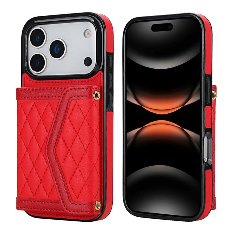 Splicing Rhombic Texture Card Bag Phone Case with Long Lanyard, For iPhone 17e / 16e, For iPhone 17 Pro Max, For iPhone 17 Pro, For iPhone 17, For iPhone Air, For iPhone 16 Pro Max, For iPhone 16 Pro, For iPhone 16 Plus, For iPhone 16                  ...