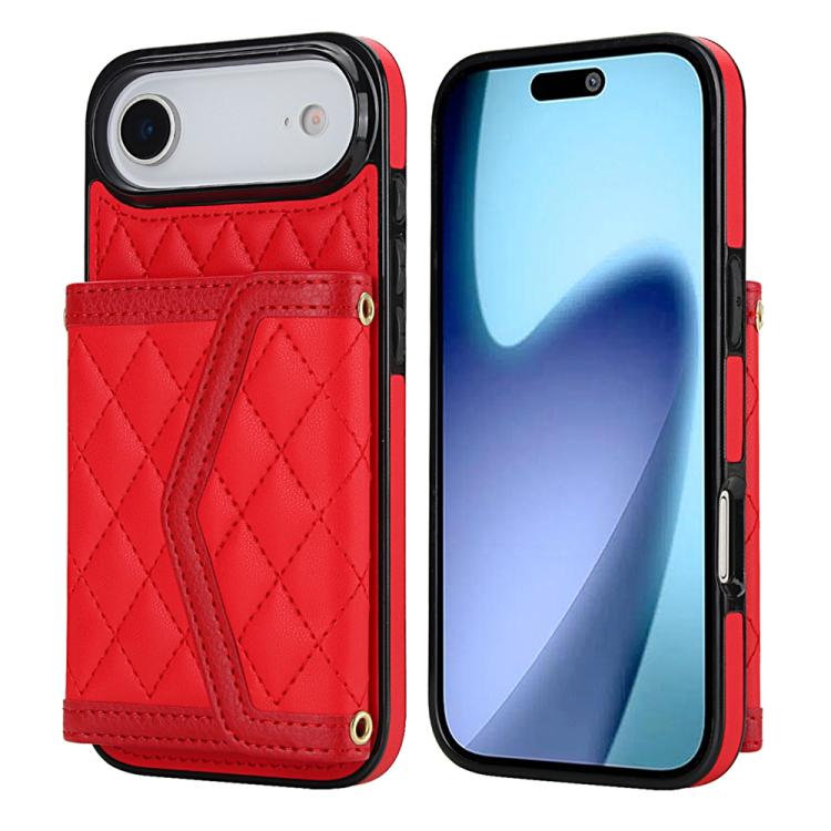 Splicing Rhombic Texture Card Bag Phone Case with Long Lanyard