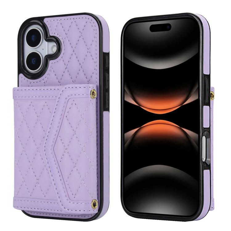 Splicing Rhombic Texture Card Bag Phone Case with Long Lanyard, For iPhone 17e / 16e, For iPhone 17 Pro Max, For iPhone 17 Pro, For iPhone 17, For iPhone Air, For iPhone 16 Pro Max, For iPhone 16 Pro, For iPhone 16 Plus, For iPhone 16                  ...