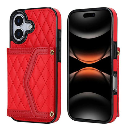 Splicing Rhombic Texture Card Bag Phone Case with Long Lanyard