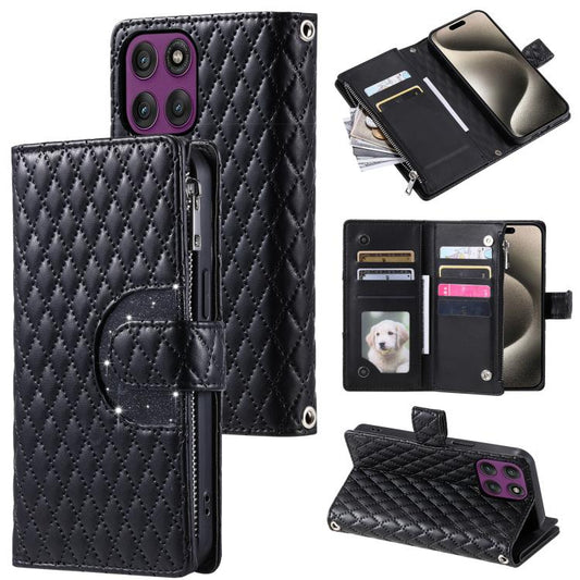 Glitter Lattice Zipper Wallet Leather Phone Case, For Motorola Edge 60 Pro, For Motorola Edge 60 Fusion, For Motorola Edge 50 Neo, For Motorola Moto E14, For Motorola Moto G85