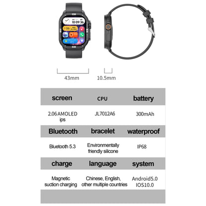 HK96S 2.06 inch BT5.3 IP68 Sport Smart Watch, Support Bluetooth Call / Sleep / Blood Oxygen / Heart Rate / Blood Pressure Health Monitor
