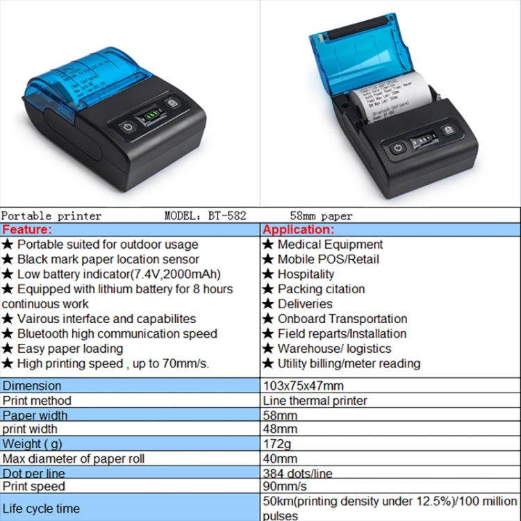 BT-582 58mm Type-C + Bluetooth Portable Thermal Printer, EU Plug, US Plug