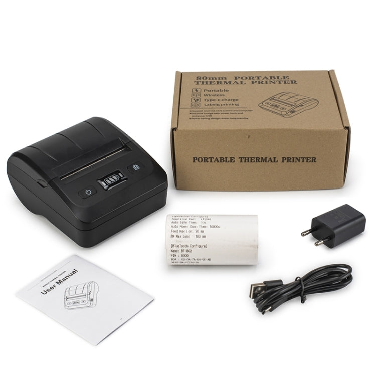 BT-802 80mm USB-C/Type-C + Bluetooth Portable Thermal Printer, EU Plug, US Plug