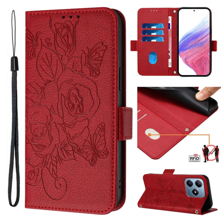 Embossed Rose RFID Anti-theft Leather Phone Case, For Realme 14x Global / V70 5G / C75 5G, For Realme Narzo 80 Pro / 14 Pro 5G India, For Realme 14 5G / 14T 5G Global, For Realme P3 Ultra 5G, For Realme P3 5G, For Realme 14 Pro+ 5G, For Realme 14 Pro 5...