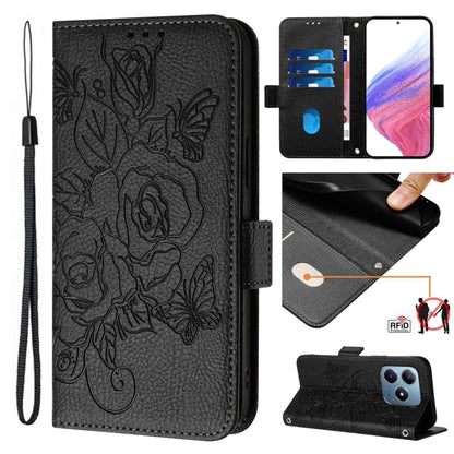 Embossed Rose RFID Anti-theft Leather Phone Case, For Realme 14x Global / V70 5G / C75 5G, For Realme Narzo 80 Pro / 14 Pro 5G India, For Realme 14 5G / 14T 5G Global, For Realme P3 Ultra 5G, For Realme P3 5G, For Realme 14 Pro+ 5G, For Realme 14 Pro 5...