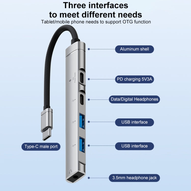 5 in 1 USB-C / Type-C Interface Multi-function HUB Adapter, 5 in 1 (Silver), 5 in 1 (Grey)